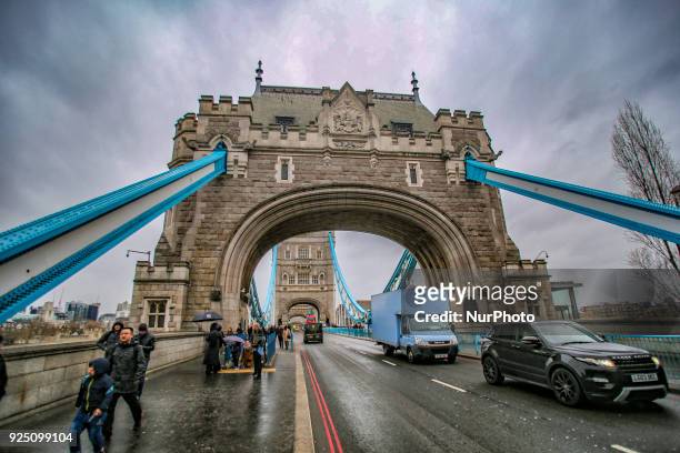 The Tower Bridge in London. One of the main attractions in the city of London is the combined suspension and bascule bridge that was built from 1886...