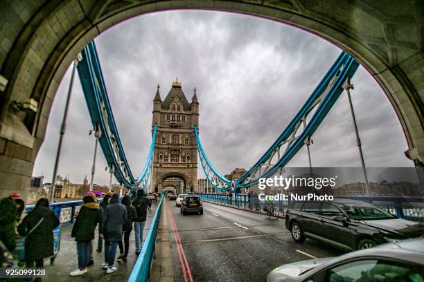 The Tower Bridge in London. One of the main attractions in the city of London is the combined suspension and bascule bridge that was built from 1886...