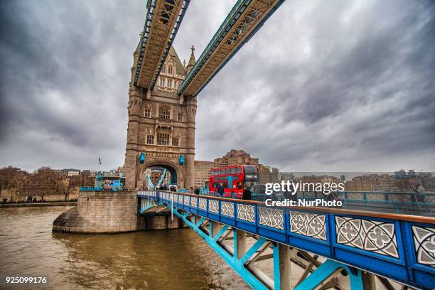 The Tower Bridge in London. One of the main attractions in the city of London is the combined suspension and bascule bridge that was built from 1886...