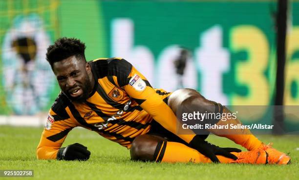 Hull City's Nouha Dicko takes a knock during the Sky Bet Championship match between Hull City and Barnsley at KCOM on February 27, 2018 in Hull,...