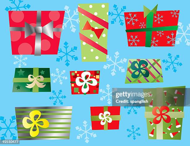 funky christmas gift boxes - silver paper hat stock illustrations