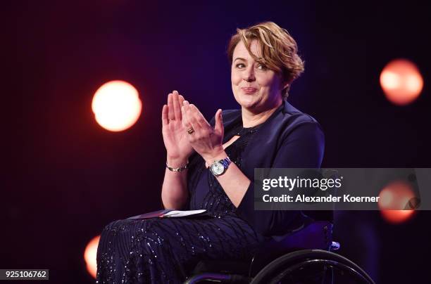 Laureus Academy member Tanni Grey-Thompson on stage during the 2018 Laureus World Sports Awards show at Salle des Etoiles, Sporting Monte-Carlo on...