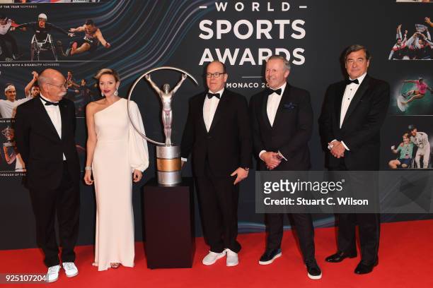 Dr. Dieter Zetsche, HSH Charlene, Princess of Monaco, HSH Albert II, Prince of Monaco, Laureus Academy Chairman Sean Fitzpatrick and guest attend the...