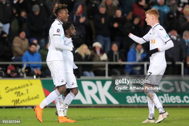 Nathan Dyer of Swansea City celebrates his goal with team mates Tammy Abraham and Sam Clucas during The Emirates FA Cup Fifth Round Replay match...