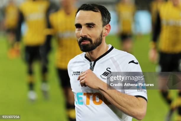 Leon Britton of Swansea City walks off the pitch during The Emirates FA Cup Fifth Round Replay match between Swansea City and Sheffield Wednesday at...