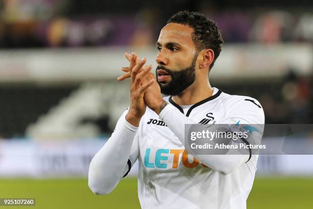 Kyle Bartley of Swansea City thanks home supporters during The Emirates FA Cup Fifth Round Replay match between Swansea City and Sheffield Wednesday...