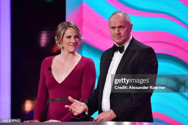 Laureus Ambassador Missy Frankiln and Sir Steve Redgrave speak on stage during the 2018 Laureus World Sports Awards show at Salle des Etoiles,...