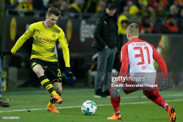 Lukasz Piszczek of Borussia Dortmund , Philipp Max of FC Augsburg during the German Bundesliga match between Borussia Dortmund v FC Augsburg at the...