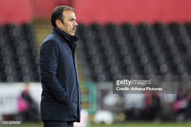 Sheffield Wednesday manager Jos Luhukay stands on the touch line during The Emirates FA Cup Fifth Round Replay match between Swansea City and...