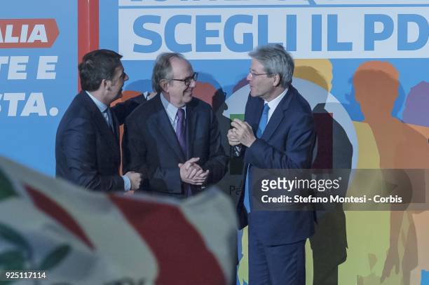 Matteo Renzi, secretary of the Democratic Party; Pier Carlo Padoan, minister of economy and finance; and Paolo Gentiloni, prime minister of Italy,...