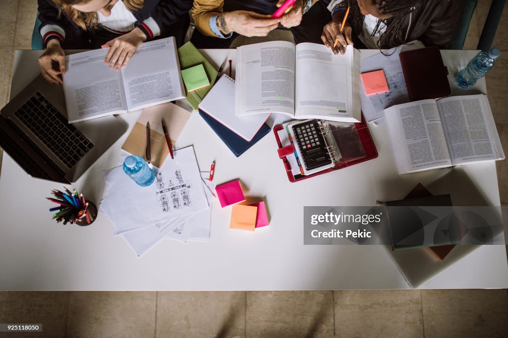 Groep van studenten studeren samen in de leeszaal