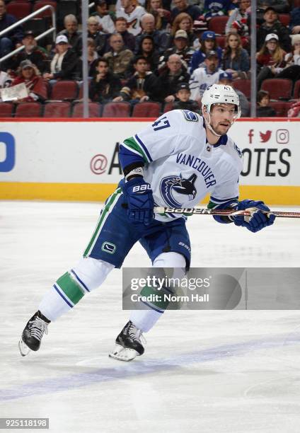 Sven Baertschi of the Vancouver Canucks skates up ice against the Arizona Coyotes at Gila River Arena on February 25, 2018 in Glendale, Arizona.