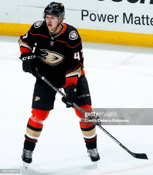 Hampus Lindholm of the Anaheim Ducks skates during the game against the Edmonton Oilers on February 25, 2018 at Honda Center in Anaheim, California.