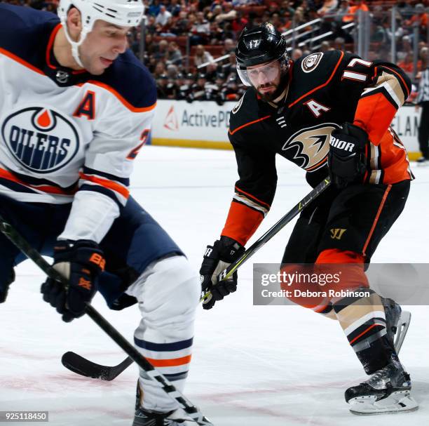 Ryan Kesler of the Anaheim Ducks skates against Milan Lucic of the Edmonton Oilers during the game on February 25, 2018 at Honda Center in Anaheim,...