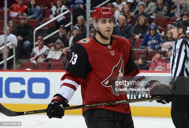 Freddie Hamilton of the Arizona Coyotes skates back to the bench during a stop in play against the Vancouver Canucks at Gila River Arena on February...