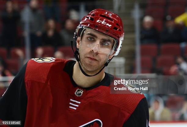 Freddie Hamilton of the Arizona Coyotes skates back to the bench during a stop in play against the Vancouver Canucks at Gila River Arena on February...