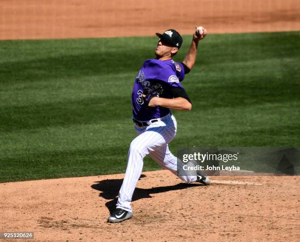 Colorado Rockies starting pitcher Jeff Hoffman delivers a pitch against the Los Angeles Angels on February 27, 2018 at Salt River Fields at Talking...