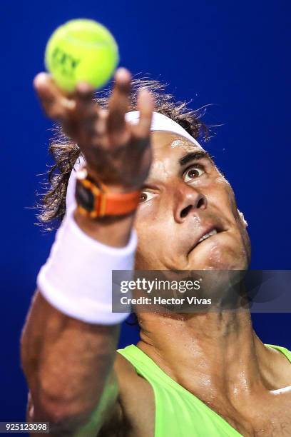 Rafael Nadal of Spain serves during a training session as part of the Telcel Mexican Open 2018 at Mextenis Stadium on February 26, 2018 in Acapulco,...