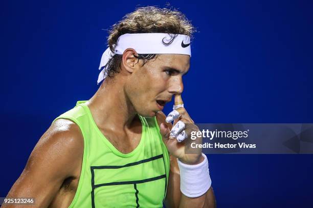 Rafael Nadal of Spain gestures during a training session as part of the Telcel Mexican Open 2018 at Mextenis Stadium on February 26, 2018 in...