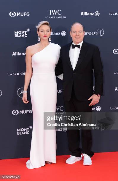 Prince Albert II of Monaco and his wife Charlene,Princess of Monaco attends the 2018 Laureus World Sports Awards at Salle des Etoiles, Sporting...