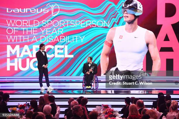 Marcel Hug receives the Disability Award during the 2018 Laureus World Sports Awards show at Salle des Etoiles, Sporting Monte-Carlo on February 27,...
