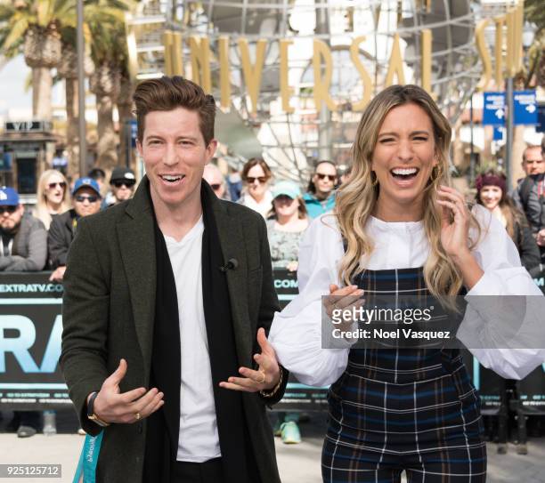 Shaun White and Renee Bargh visit "Extra" at Universal Studios Hollywood on February 27, 2018 in Universal City, California.