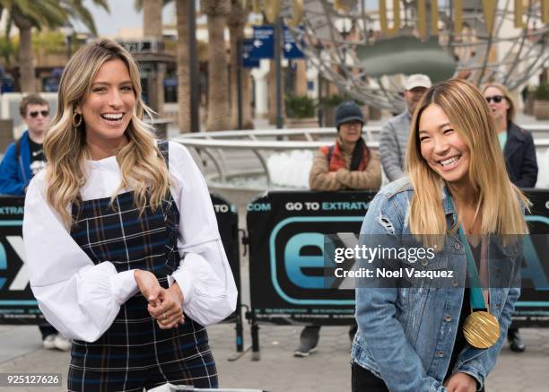 Renee Bargh and Chloe Kim visit "Extra" at Universal Studios Hollywood on February 27, 2018 in Universal City, California.