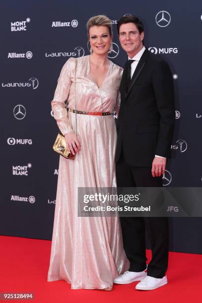 Laureus Academy member Maria Hoefl-Riesch and her husband Marcus Hoefl attend the 2018 Laureus World Sports Awards at Salle des Etoiles, Sporting...