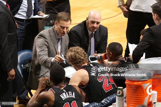 Head Coach Fred Hoiberg of the Chicago Bulls talks to the team during the game against the Charlotte Hornets on February 27, 2018 at Spectrum Center...