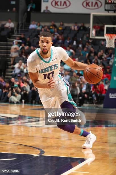 Michael Carter-Williams of the Charlotte Hornets handles the ball against the Chicago Bulls on February 27, 2018 at Spectrum Center in Charlotte,...