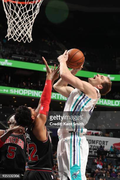 Cody Zeller of the Charlotte Hornets dunks against the Chicago Bulls on February 27, 2018 at Spectrum Center in Charlotte, North Carolina. NOTE TO...