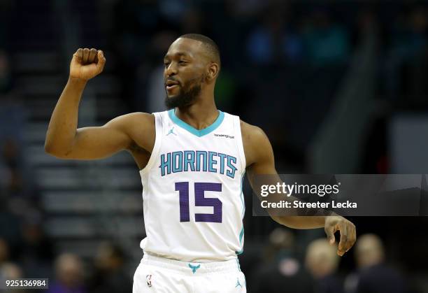 Kemba Walker of the Charlotte Hornets prepares for their game against the Chicago Bulls at Spectrum Center on February 27, 2018 in Charlotte, North...