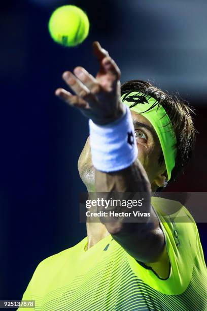 David Ferrer of Spain serves during the match between David Ferrer of Spain and Andrey Rublev of Russia as part of the Telcel Mexican Open 2018 at...