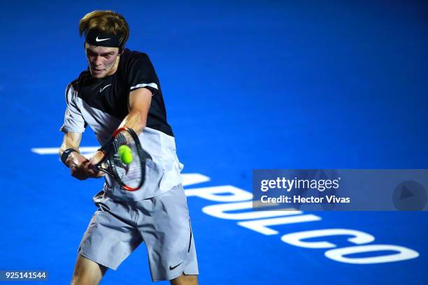 Andrey Rublev of Russia takes a backhand shot during the match between David Ferrer of Spain and Andrey Rublev of Russia as part of the Telcel...