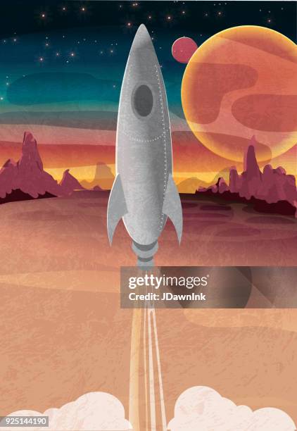mars planet background with rocket ship - planet surface stock illustrations