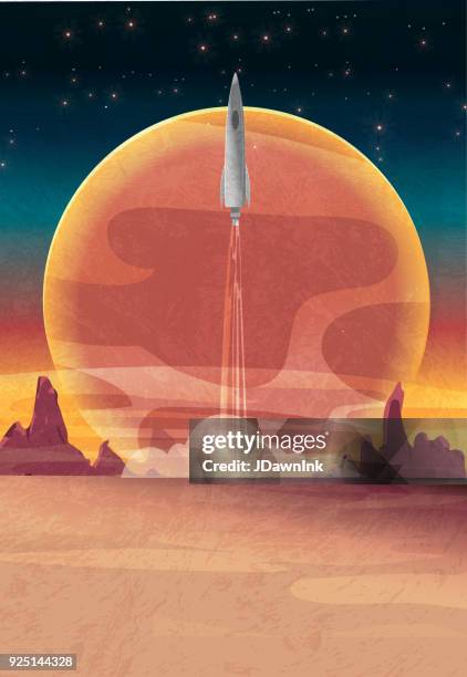 mars with spaceship rocket taking off - mars landscape stock illustrations