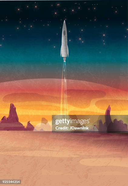 mars with spaceship rocket taking off - mars landscape stock illustrations
