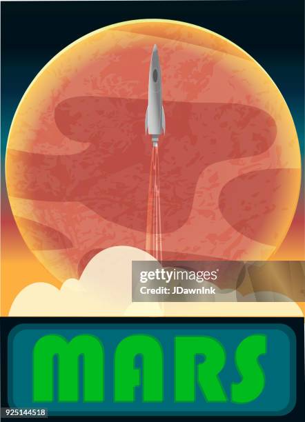 mars with spaceship rocket taking off - mars landscape stock illustrations