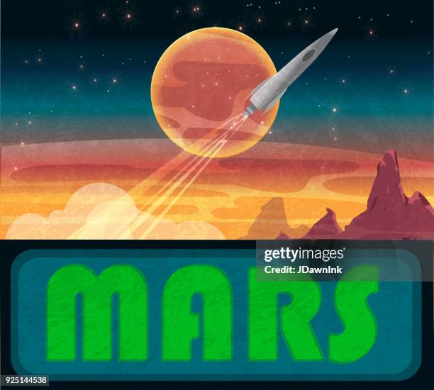 mars with spaceship rocket taking off - mars landscape stock illustrations