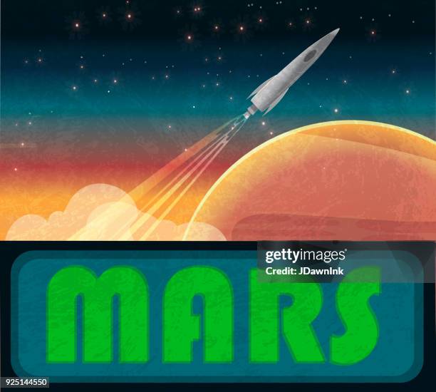 mars with spaceship rocket taking off - mars landscape stock illustrations