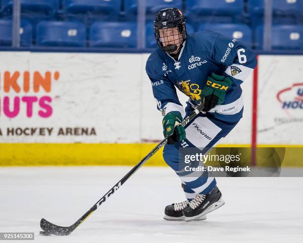 Lassi Thomson of the Finland Nationals skates up ice with the puck against the Russian Nationals during the 2018 Under-18 Five Nations Tournament...