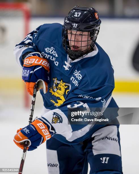 Toni Utunen of the Finland Nationals passes the puck against the Russian Nationals during the 2018 Under-18 Five Nations Tournament game at USA...