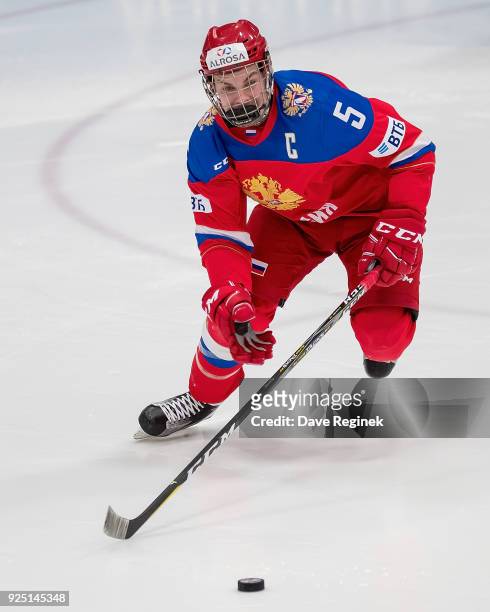 Anton Malyshev of the Russian Nationals skates up ice with the puck against the Finland Nationals during the 2018 Under-18 Five Nations Tournament...