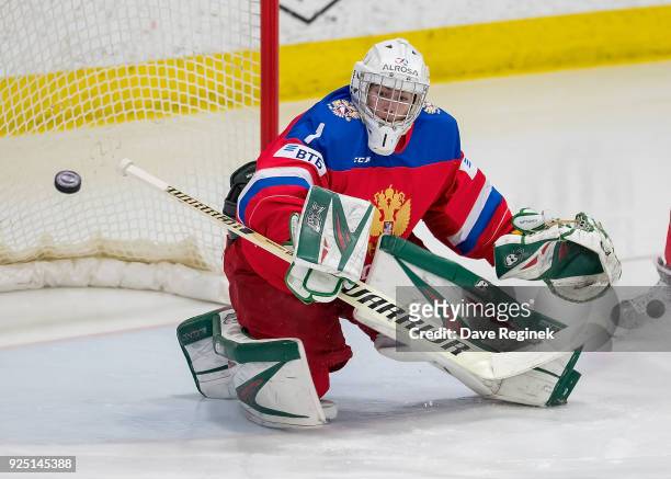 Amir Miftakhof of the Russian Nationals makes a blocker save against the Finland Nationals during the 2018 Under-18 Five Nations Tournament game at...