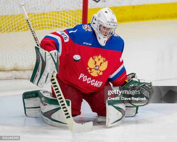 Amir Miftakhof of the Russian Nationals makes a blocker save against the Finland Nationals during the 2018 Under-18 Five Nations Tournament game at...