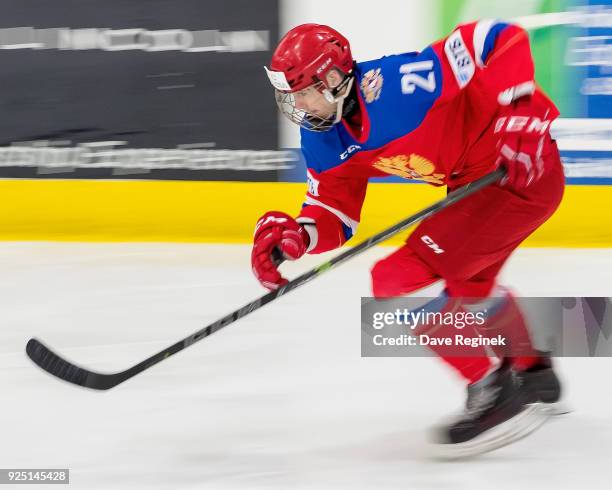 Kirill Marchenko of the Russian Nationals skates up ice against the Finland Nationals during the 2018 Under-18 Five Nations Tournament game at USA...