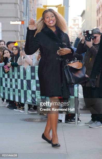 Laverne Cox is seen leaving aol live in soho on February 27, 2018 in New York City.