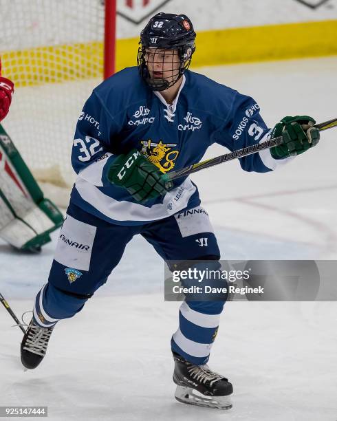Sampo Ranta of the Finland Nationals skates up ice against the Russian Nationals during the 2018 Under-18 Five Nations Tournament game at USA Hockey...