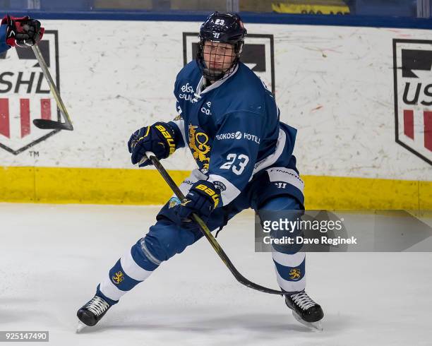 Ville Petman of the Finland Nationals follows the play against the Russian Nationals during the 2018 Under-18 Five Nations Tournament game at USA...