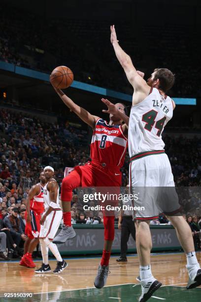 Tim Frazier of the Washington Wizards goes to the basket against the Milwaukee Bucks on February 27, 2018 at the BMO Harris Bradley Center in...